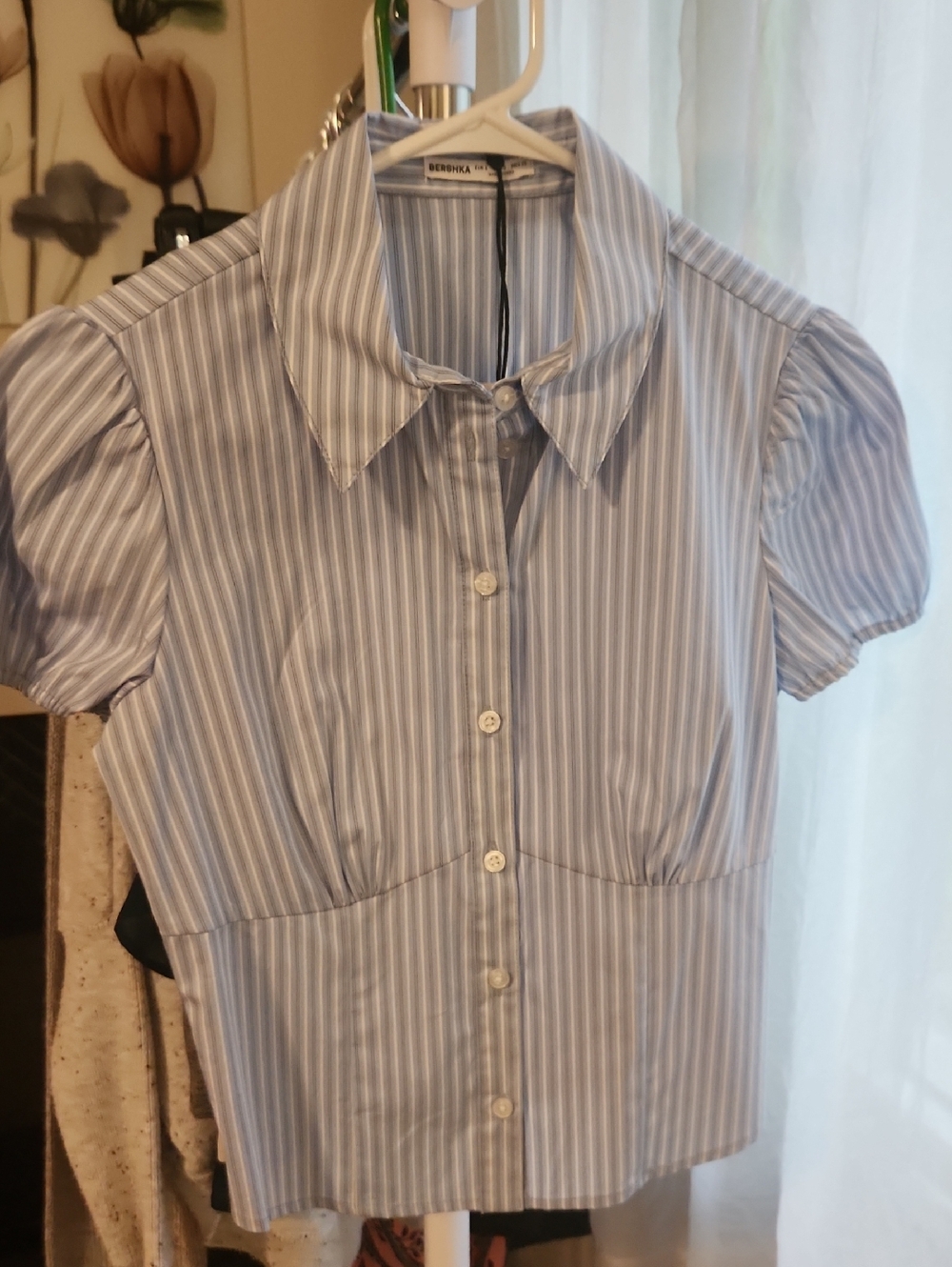 Bershka Blue and White Striped Button-Down Shirt